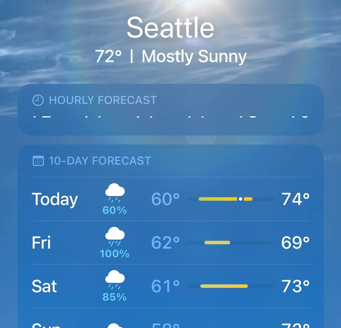 Seattle weather showing 72° and mostly sunny